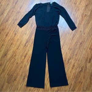 Cache Womens Black Sheer Bling Trim Wide Leg Pant Jumpsuit Size 10 Party Classic
